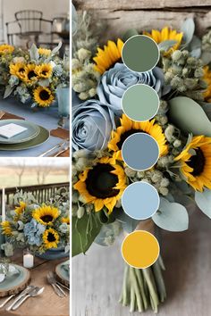 the table is set with sunflowers, roses and greenery in shades of blue