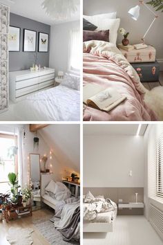 four different rooms with white furniture and decorations in them, including a bed, dresser, window