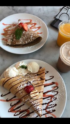 two white plates topped with different types of desserts and drinks next to each other