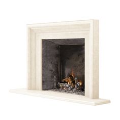 a white fireplace with an open fire place