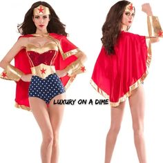 two women dressed up in costumes with the words luxury on a dime written below them