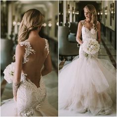 a woman in a wedding dress with flowers on her back, and another photo of the bride