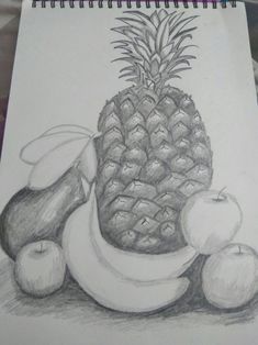 a pencil drawing of a pineapple, pears and an apple on a plate