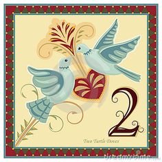 two doves with flowers and the number two in front of them, on a beige background