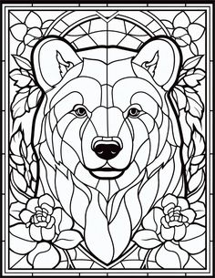 a stained glass window with a bear's head in the center and flowers around it