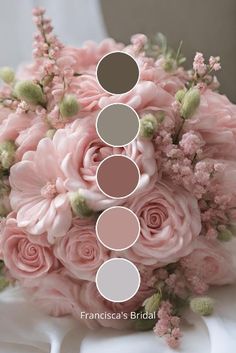 a bridal bouquet with pink roses and greenery on the side, in shades of gray