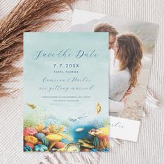 an ocean themed save the date card with a photo on it and some seaweed