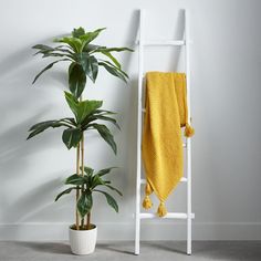 a white ladder next to a potted plant and a yellow towel