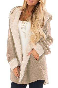 Khaki White Lam Wool Reversible Coat Hooded Wool Coat, Reversible Coat, Winter Mode, Oversize Fashion, Cheap Womens Clothing, Fleece Coat, Suits Coats, Hooded Coat, Cardigan Coat