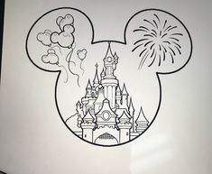 a drawing of mickey mouse's castle with fireworks