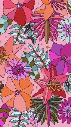 colorful flowers and leaves on a pink background