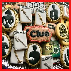 some cookies that are sitting on top of each other with the words clue in front of them