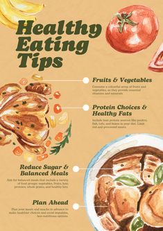 the health eating tips poster is shown with different foods and vegetables on it's side