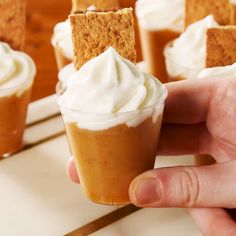 a hand holding a small cup filled with whipped cream and graham crackers on top