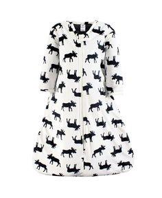 a white and black dog print sleepsuit with zippers on the front, long sleeves and