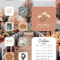 an image of a calendar with flowers and other things on it's page, including the words slow down and how to stop