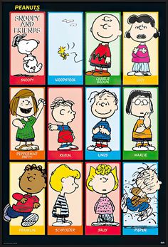 a poster with many different cartoon characters on it's sides and the words peanuts written in