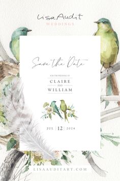 the wedding card is decorated with watercolor birds