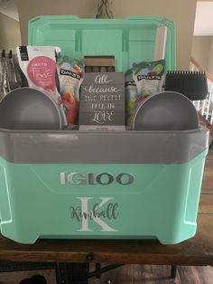 an ice chest with various items in it