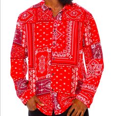 New W/Tags!!! Mens Stylish Red Patchwork Woven Long Sleeve Button Frnt Shirt; Sz Xl; In Excellent Condition; Rayon Blend Red Casual Long Sleeve Shirt, Red Shirt With Buttons And Relaxed Fit, Red Relaxed Fit Shirt With Buttons, Red Long Sleeve Shirt For Streetwear, Red Collared Shirt For Streetwear, Hawiian Shirts, Fashion Nova Shirts, Red And Black Shirt, New Mens Fashion