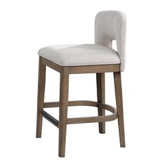 an upholstered bar stool with a white fabric seat and backrest, viewed from the front