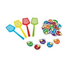 several different colored plastic spoons and spatulas with stickers on the side