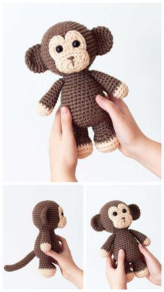 crocheted monkey stuffed animal being held up by someone's hand and then placed on top of it