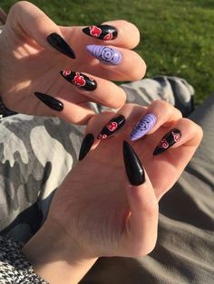 Nail Ideas Anime, Anime Inspired Nails, Naruto Nails, Anime Nail, Manikur Kuku, Anime Nails, Goth Nails, Edgy Nails, Grunge Nails