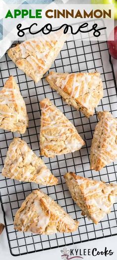 apple cinnamon scones on a cooling rack with apples in the background and text overlay