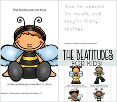 an open book with pictures of bees and the words, the beattudes for kids