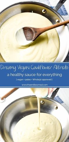 creamy vegan cauliflower alfredo being poured into a saucepan