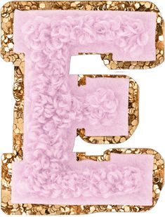 the letter e is made out of pink and gold sequins with flowers on it