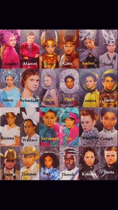 many different pictures of women in costumes and hair styles, all with names on them