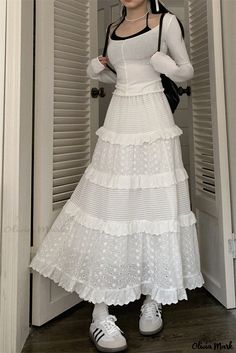 Olivia Mark - Elegant Flower Patterned Long Dress with High Waist Long Dress Patterns, Woolen Coat, Elegant Flowers, Types Of Skirts, Short Sleeve Blouse, High Collar, V Neck Tops, A Line Skirt, Passion For Fashion