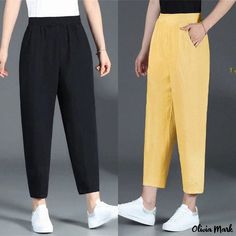 Olivia Mark - Loose-Fit Linen Cropped Trousers with Drawstring Waist - Casual Harem Pants 115 Pounds, Cropped Linen Trousers, 130 Pounds, Linen Crops, Cropped Trousers, Olivia Mark, Drawstring Waist, Black Cotton, Harem Pants