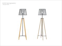 two wooden and metal floor lamps on white background