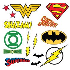 various logos and symbols are shown on a white background, including batman, superman, green lantern