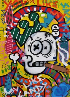 a painting with lots of colorful graffiti on it's face and hands, including a skull holding a baseball bat