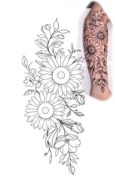 a woman's arm with flowers and leaves on it, next to her tattoo