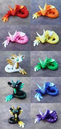 several different types of dragon figurines are shown in this image, each with different colors