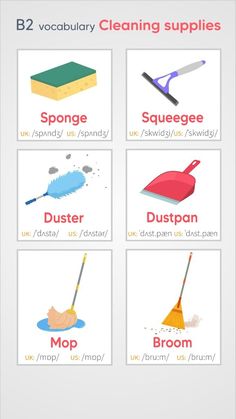 the different types of cleaning supplies are shown in this image, including brooms and mop