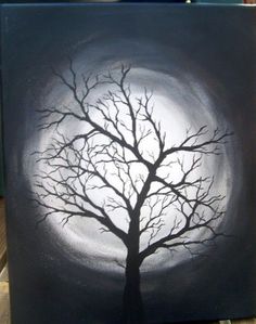 a black and white painting of a tree with the moon in the background