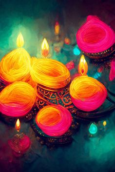 colorful diya with lit candles in the middle