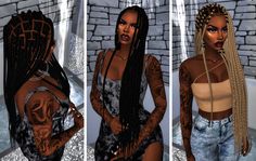 three different views of a woman with long braids and tattoos on her body, standing in front of a brick wall