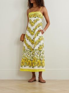 ALÉMAIS Gisela floral-print linen midi dress | NET-A-PORTER Spring Beach Dress With Sunflower Print, White Lemon Print Dress For Spring, Midi Length Lemon Print Dress For Garden Party, Lemon Print Sundress For Garden Party, Garden Party Lemon Print Midi Dress, Garden Party Lemon Print Sundress, Yellow Floral Print Dress For Daywear, Yellow Midi Dress, Dress Flats