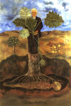 a painting of a man standing in the middle of a tree with roots growing out of it