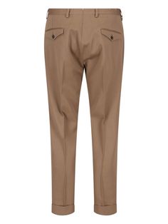 Briglia 1949 slim trousers in brown virgin wool, belt loops, zip and button closure, central pin tucks, two back flap pockets, turn-up hem. Classic Brown Bottoms With Straight Hem, Classic Brown Pants With Straight Hem, Classic Brown Straight Hem Pants, Classic Wool Dress Pants With Belt Loops, Brown Flat Front Dress Pants For Work, Brown Trousers With Pressed Crease, Brown Tapered Leg Chinos With Welt Pockets, Formal Flat Front Chinos With Belt Loops, Brown Tapered Leg Business Pants