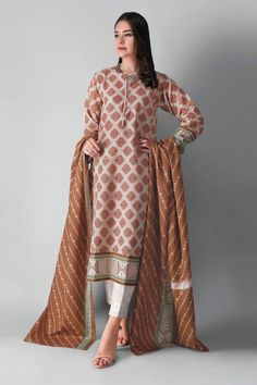 Khaadi Llk21409 Brown Winter 2021 Unstitched Brown Lawn Suit With Printed Motifs, Unstitched Cotton Lawn Suit For Fall, Brown Unstitched Lawn Suit With Printed Motifs, Casual Cotton Lawn Suit With Long Sleeves, Casual Long Sleeve Cotton Lawn Suit, Fitted Cotton Lawn Suit With Long Sleeves, Long Sleeve Printed Sets For Workwear, Fitted Cotton Lawn Suit For Work, Casual Unstitched Long Sleeve Sets