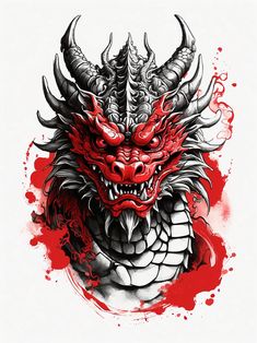 a drawing of a dragon with red paint splattered on it's face