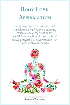 a woman sitting in lotus position with the words body love affirmation